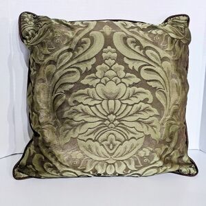 Damask Brocade Olive Green Throw Pillow Brown Cord Trim 16"×16" Bohemian
